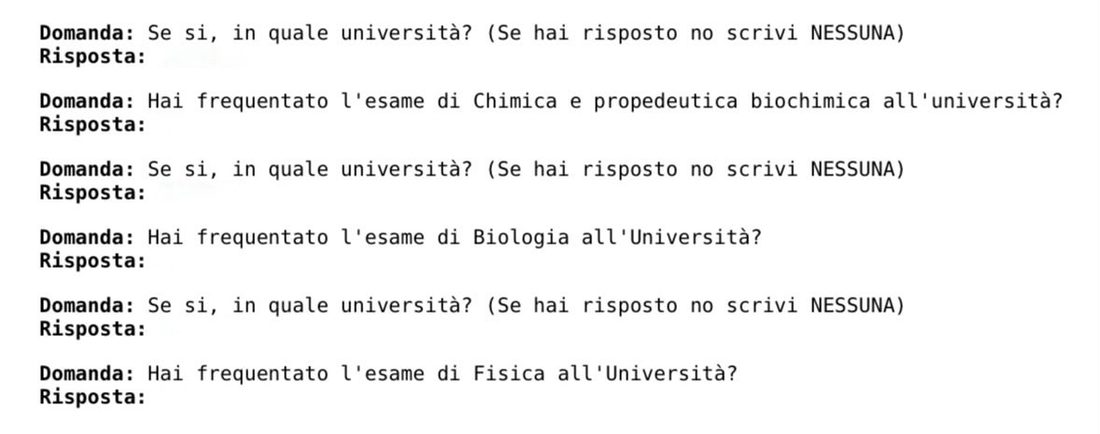 Domande d'iscrizione su esami di Chimica, Biologia e Fisica all'università