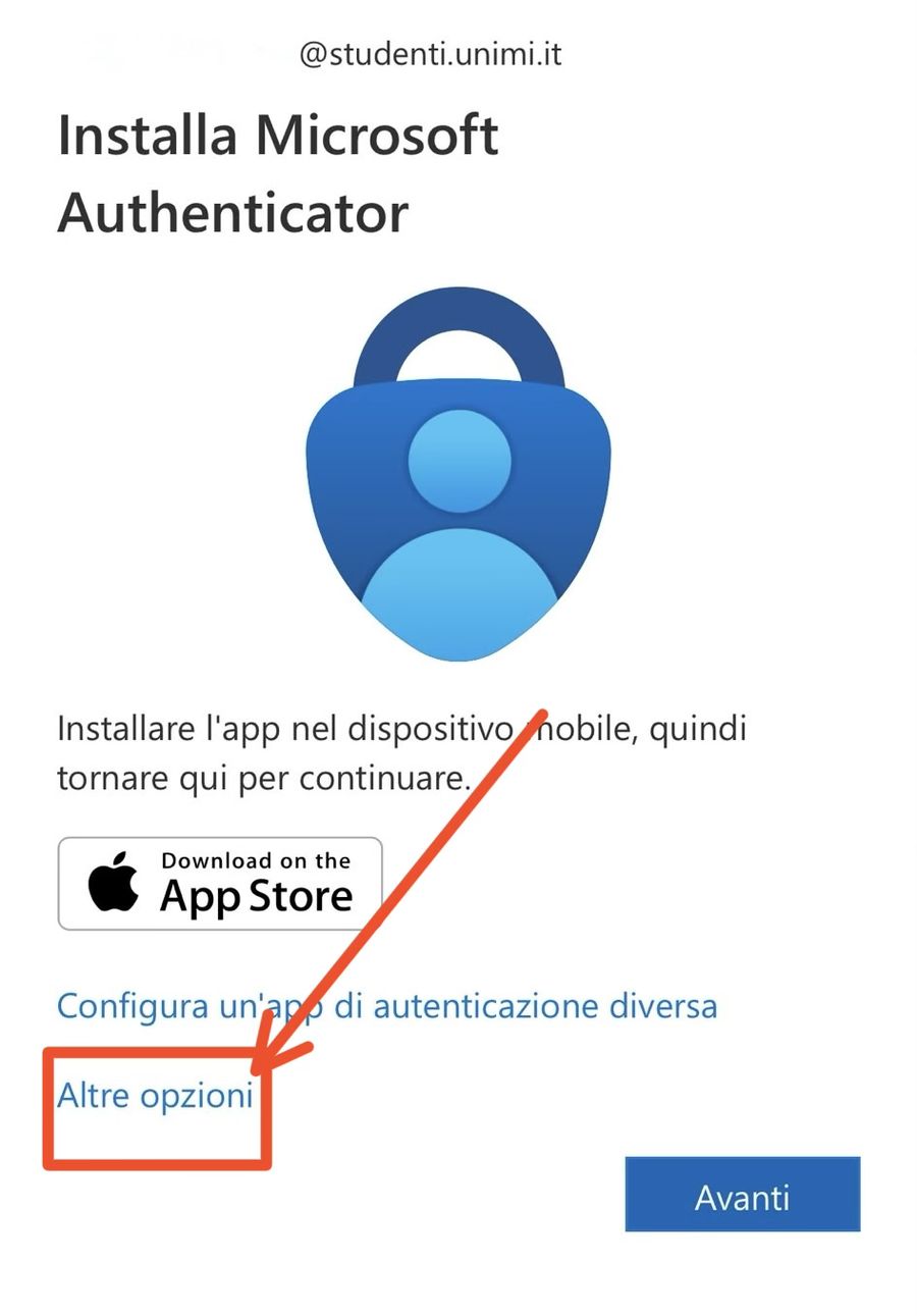Schermata Unimi: tocca Altre opzioni sotto Configura un'app di autenticazione diversa